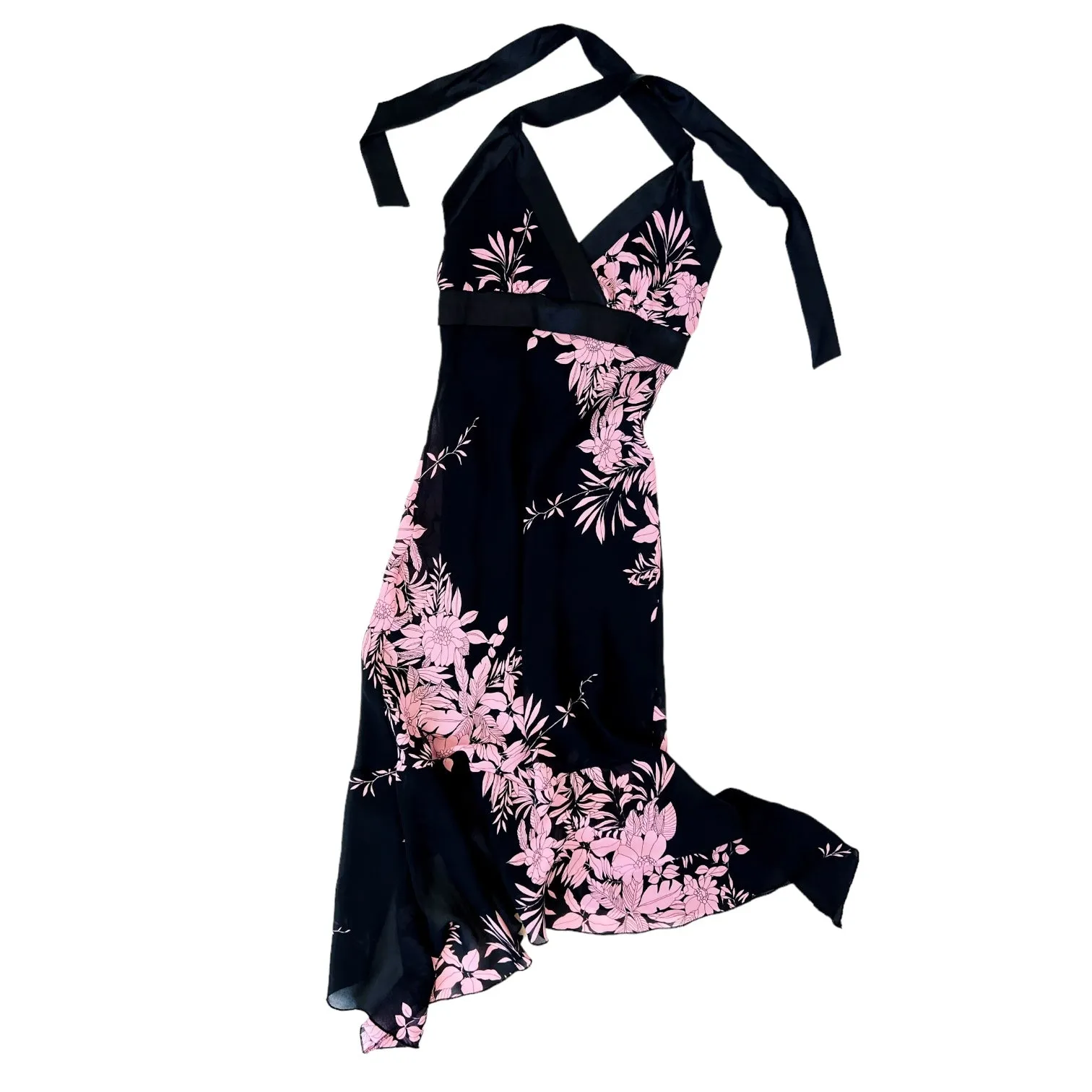 90s Black & Pink Floral Halter Dress (XS)