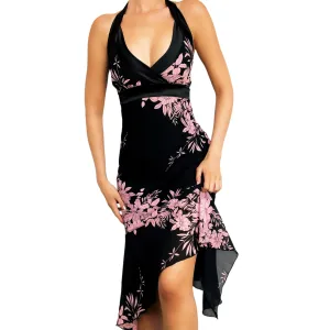 90s Black & Pink Floral Halter Dress (XS)