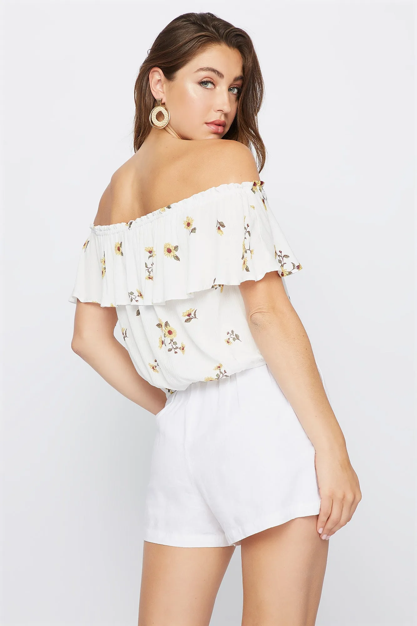 Blusa Estampada de Hombro Descubierto de Lazo y Volante