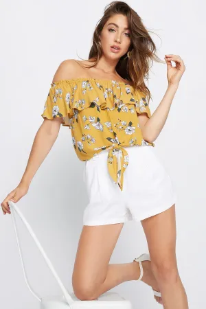 Blusa Estampada de Hombro Descubierto de Lazo y Volante
