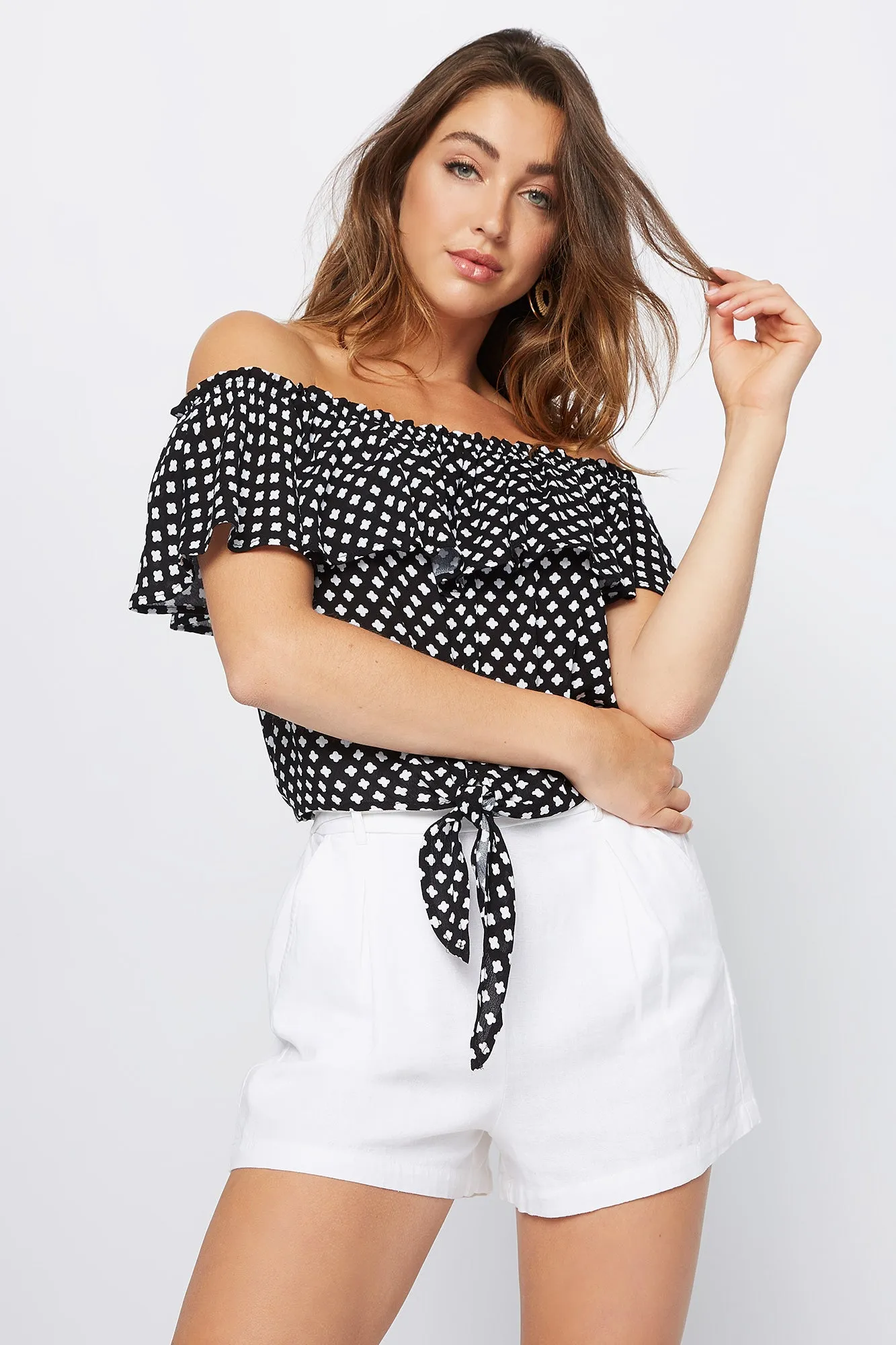 Blusa Estampada de Hombro Descubierto de Lazo y Volante