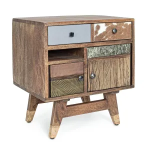 Comodino vintage multicolore metallo e pelle in legno massello