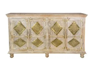 Hand Carved natural wood Side board in Off White Distressed finish and Gold detailing