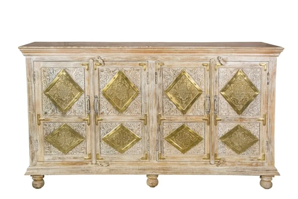 Hand Carved natural wood Side board in Off White Distressed finish and Gold detailing