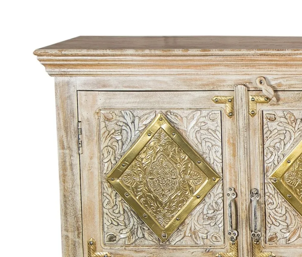 Hand Carved natural wood Side board in Off White Distressed finish and Gold detailing