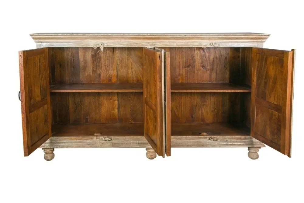 Hand Carved natural wood Side board in Off White Distressed finish and Gold detailing