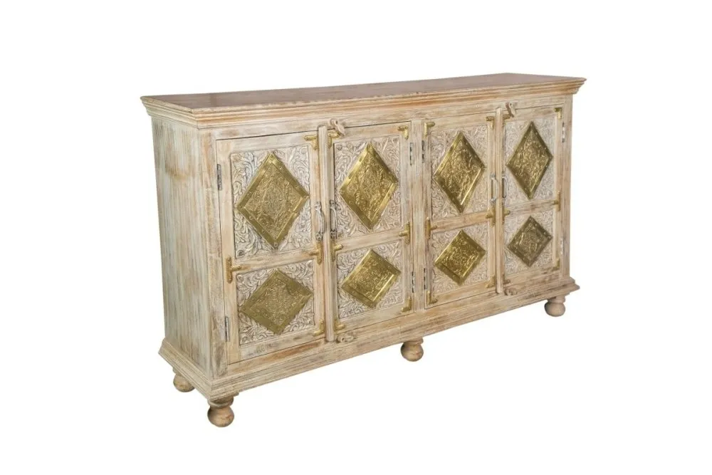 Hand Carved natural wood Side board in Off White Distressed finish and Gold detailing
