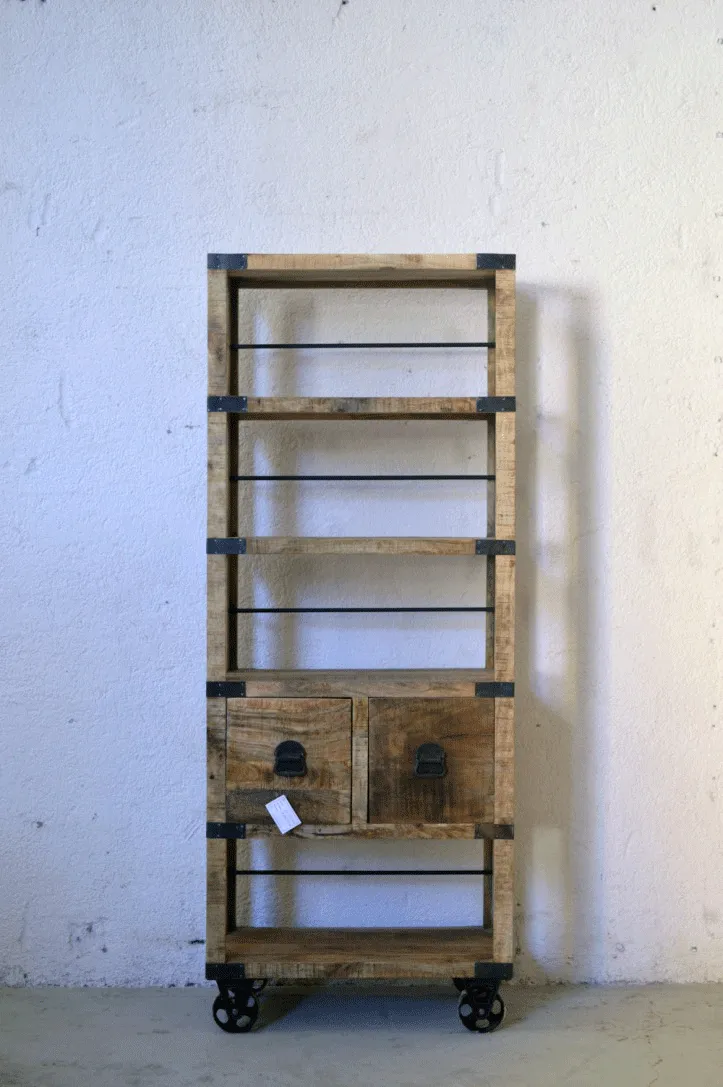 Libreria Industrial con ruote in Legno massello di Mango Country Rustico - 2 cassetti -SAM14001-