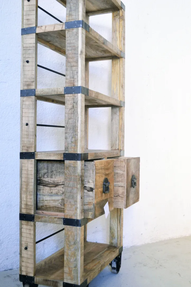 Libreria Industrial con ruote in Legno massello di Mango Country Rustico - 2 cassetti -SAM14001-