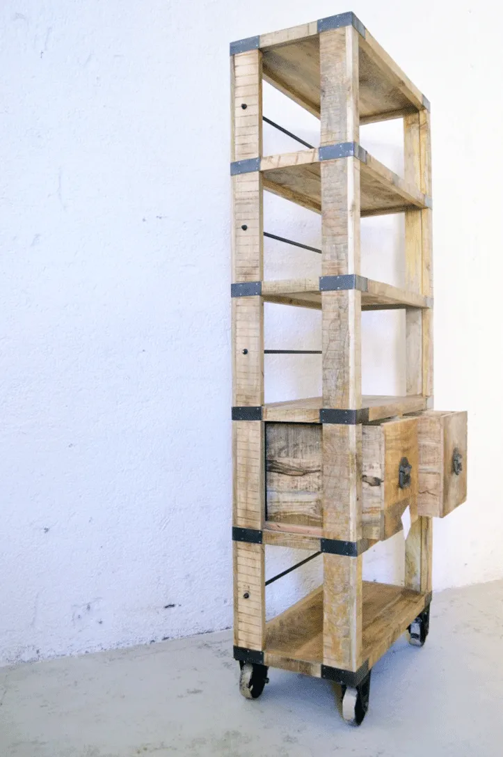 Libreria Industrial con ruote in Legno massello di Mango Country Rustico - 2 cassetti -SAM14001-