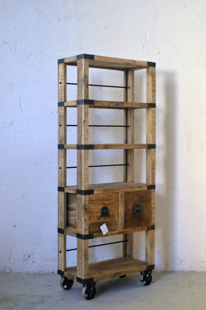 Libreria Industrial con ruote in Legno massello di Mango Country Rustico - 2 cassetti -SAM14001-