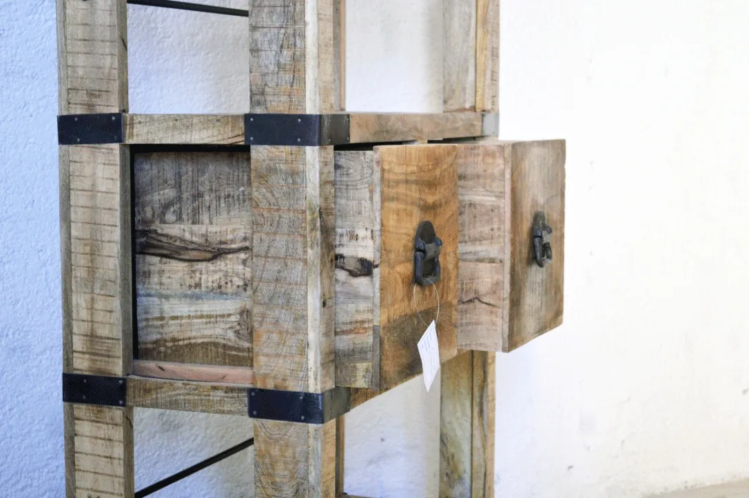 Libreria Industrial con ruote in Legno massello di Mango Country Rustico - 2 cassetti -SAM14001-