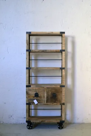 Libreria Industrial con ruote in Legno massello di Mango Country Rustico - 2 cassetti -SAM14001-