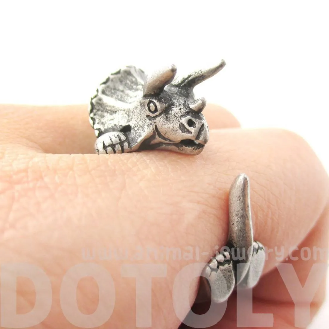 Triceratops Dinosaur Prehistoric Animal Wrap Around Hug Ring in Silver | US Size 4 to 8.5