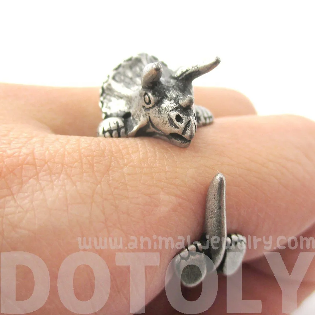 Triceratops Dinosaur Prehistoric Animal Wrap Around Hug Ring in Silver | US Size 4 to 8.5